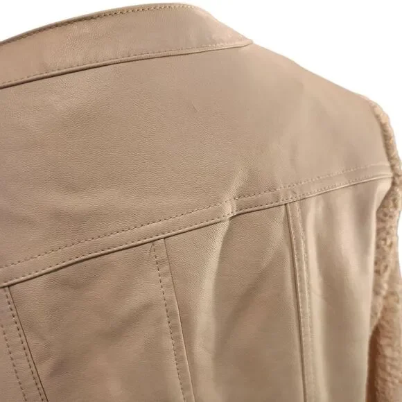 Chico's Faux Leather Blazer Jacket Size 1 Medium Ivory Cream Zip Lace Sleeves - Picture 9 of 10